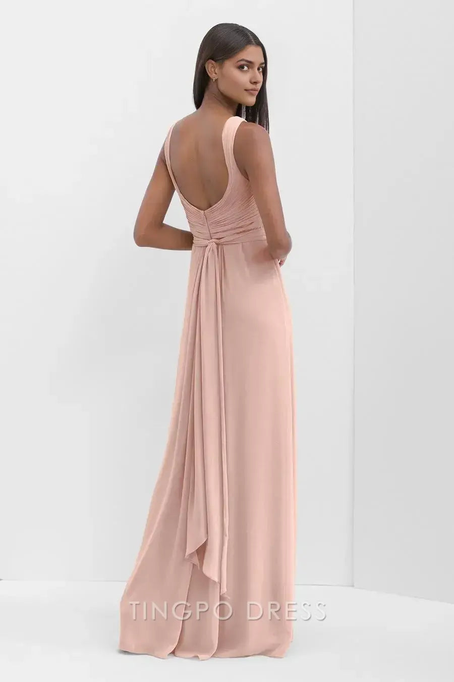 TingPo Wholesale Simple Blush Pink Square Neck Ruched Dress - Sweetheart Neckline Maxi Evening Gown